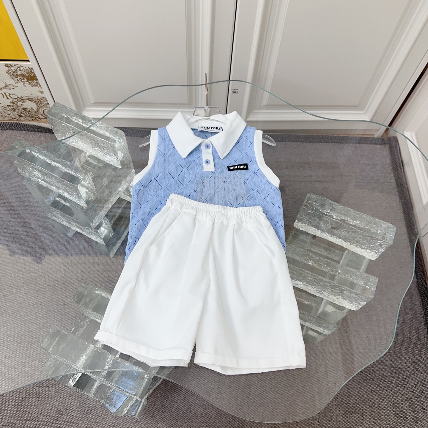 Miu Miu Girls Baby Blue Diamond Hollow Knit Collared Sleeveless Vest & White Straight Elastic Waist Shorts 2 Piece Matching Set Sizes 80-130