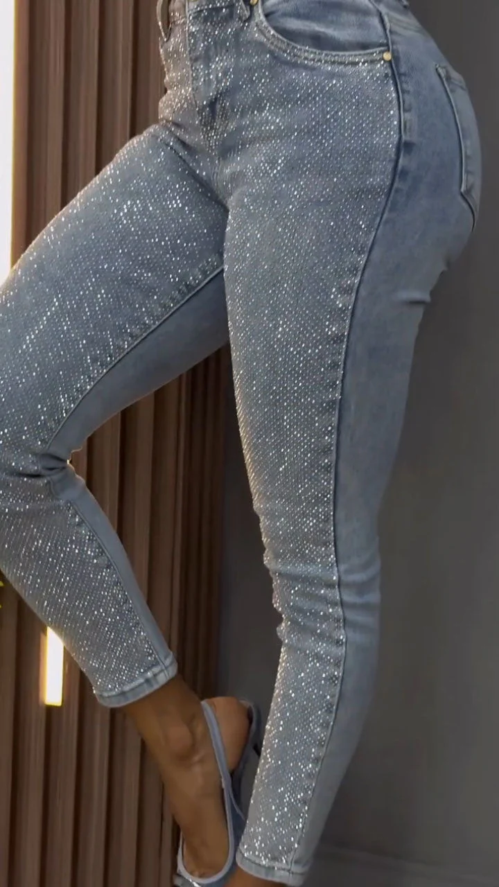 Womens High Waisted Rhinestone Casual Jeans