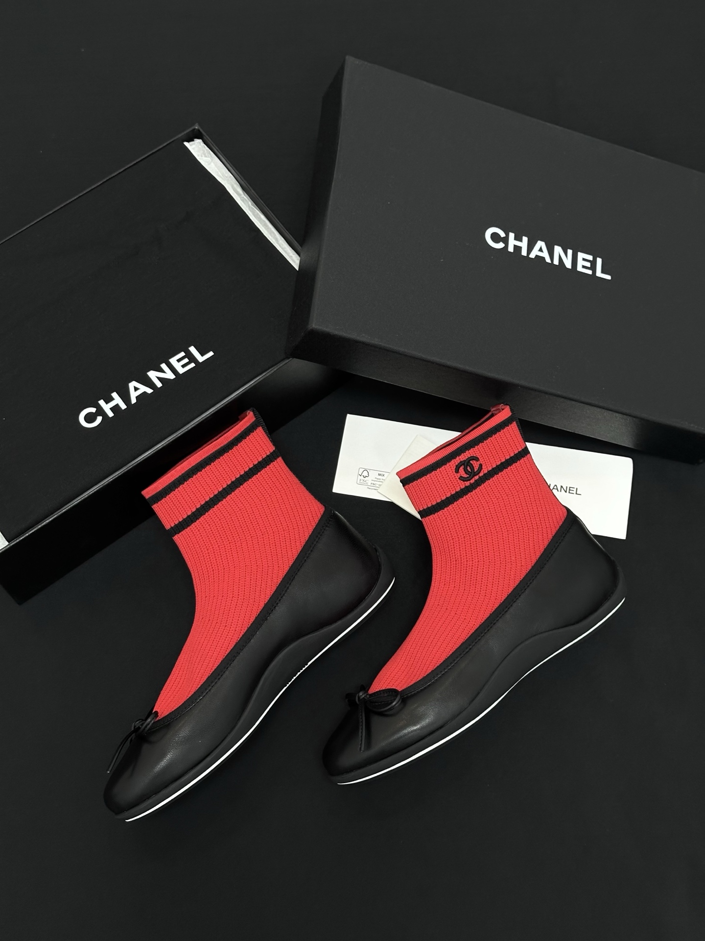 Chanel black Shoes CHANEL Sneakers Lambskin Knit Black Red #389755 View 2 | Nigo Office