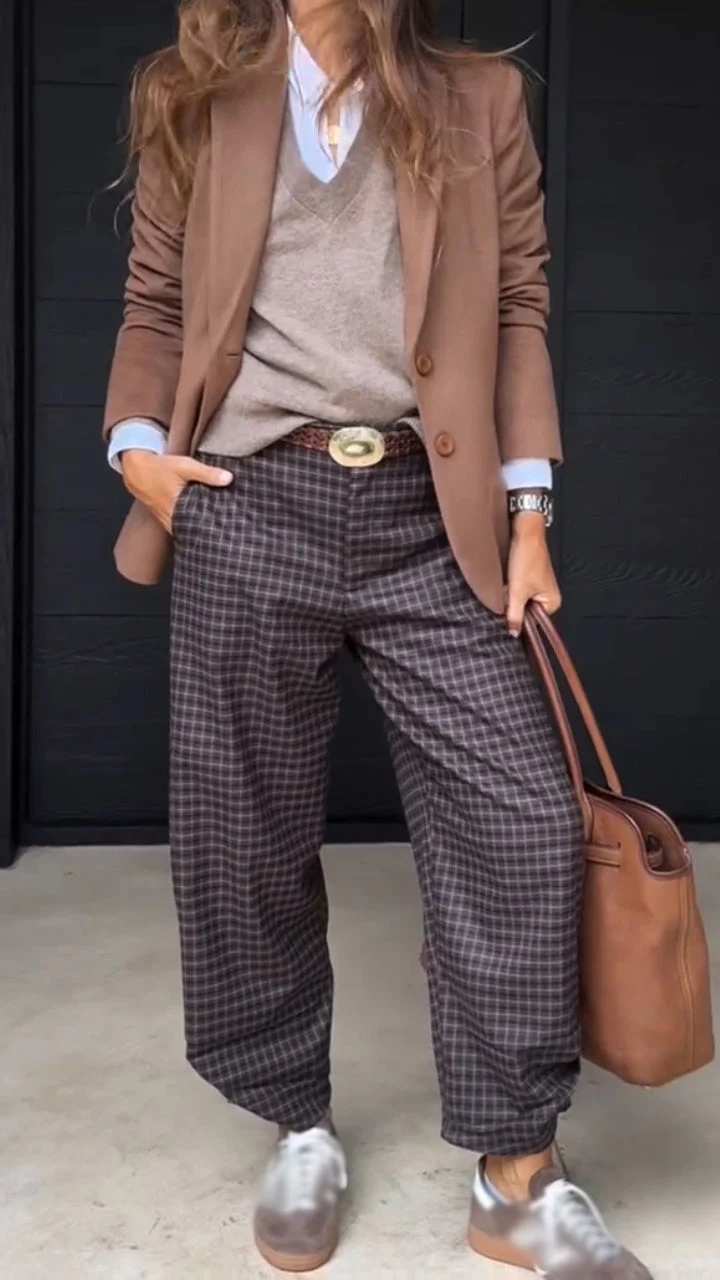 Women Temperament Commuting Collar Blazer+ Plaid Pants