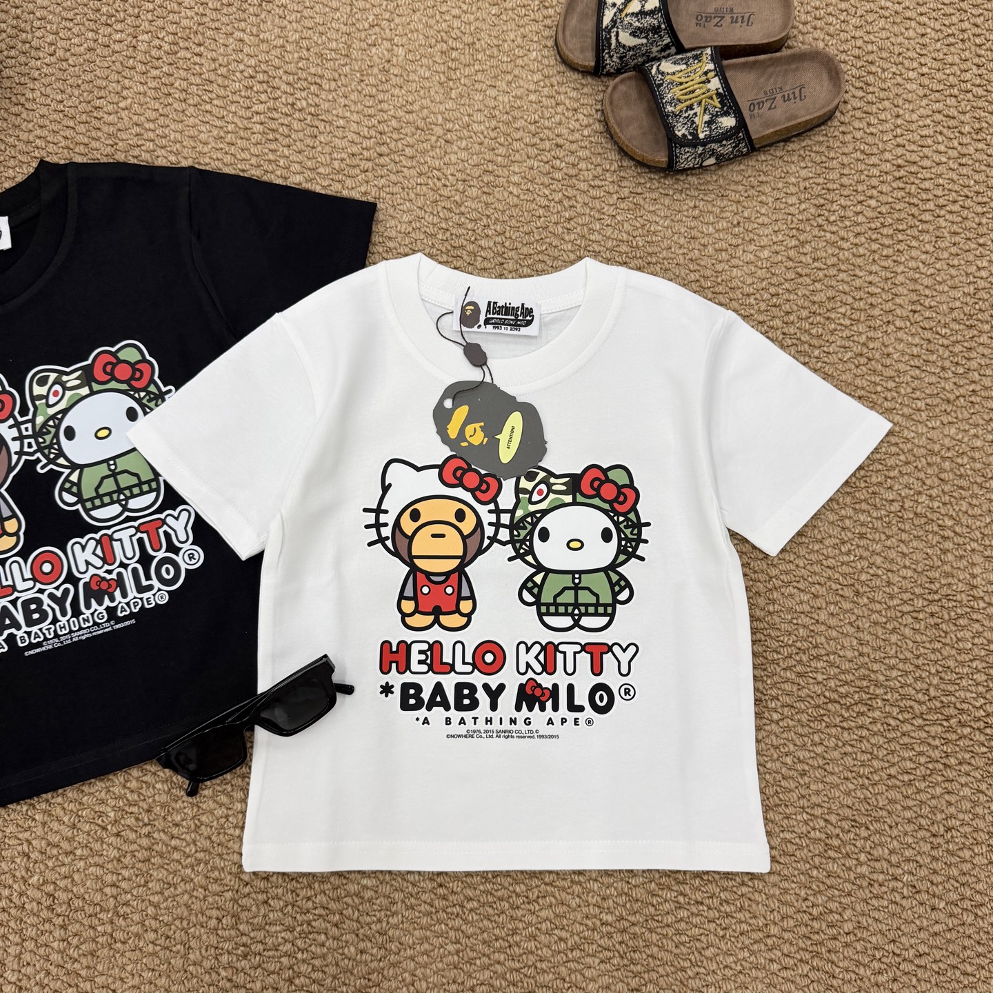 Bape Unisex Kids Black White Hello Kitty Baby Milo Collaborative Graphic Short Sleeve T-Shirt Boys Girls Sizes 90-150