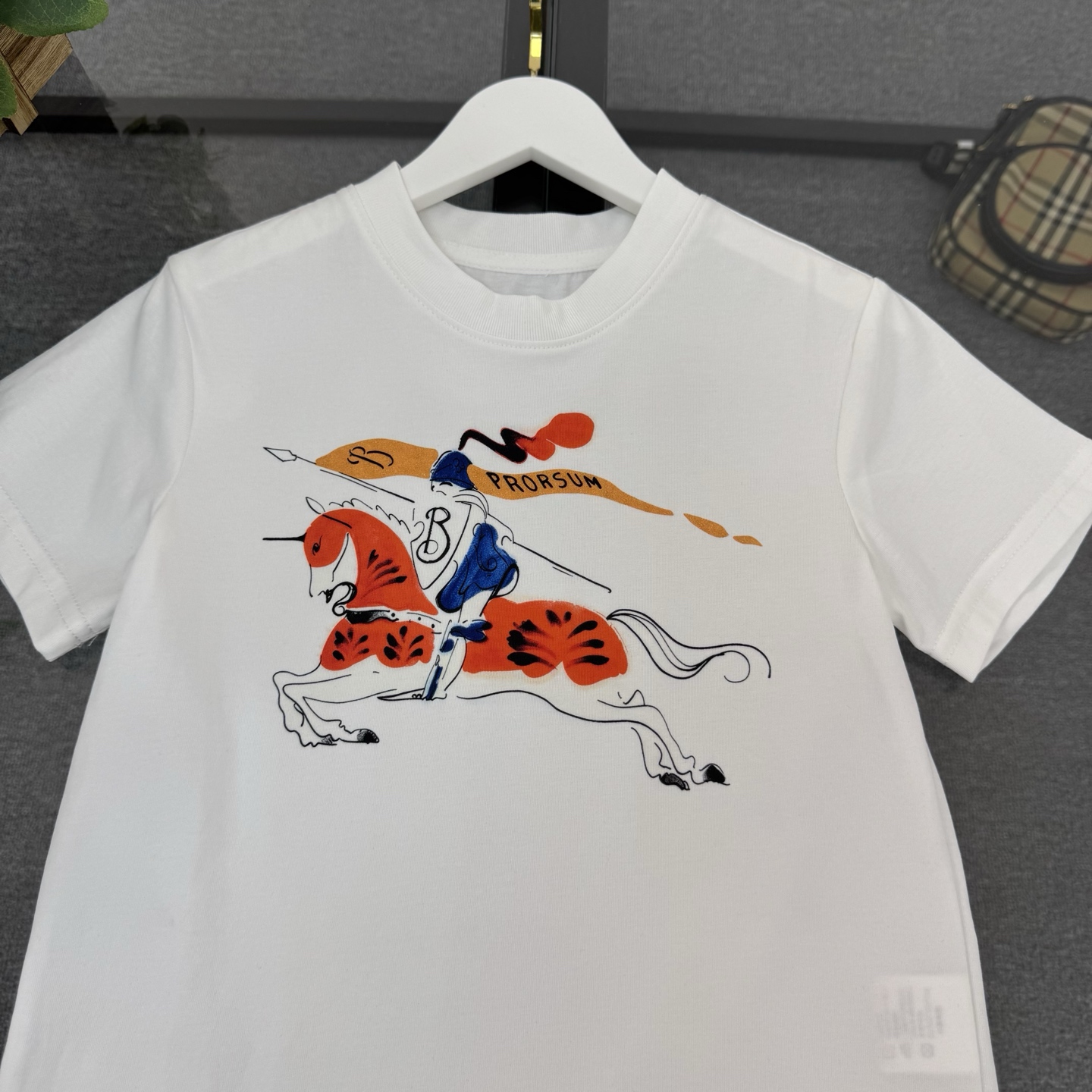 Burberry Unisex Kids White Colorful Equestrian Print Short Sleeve T Shirt & All Over Knight Logo Drawstring Beach Shorts Two Piece Vacation Set Boys Girls Sizes 100-150