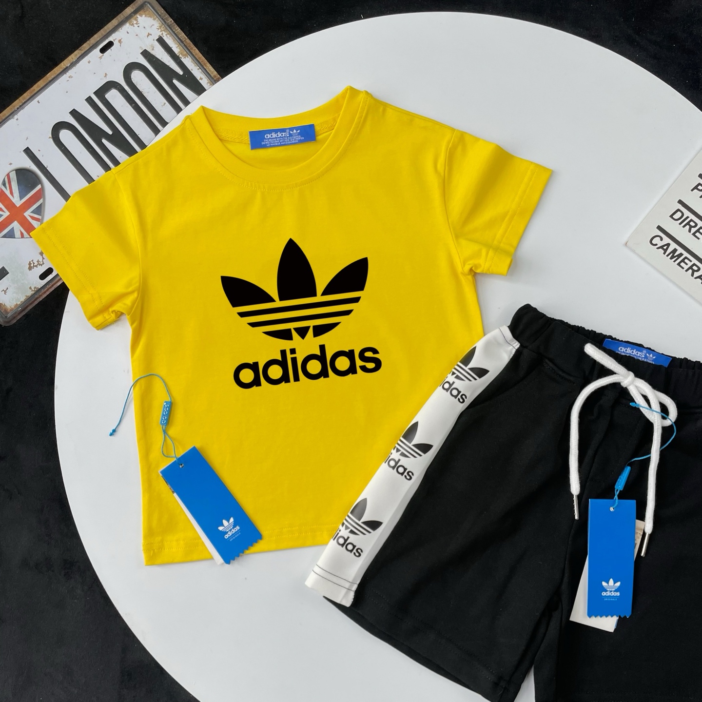 Adidas Kids 2Pcs Big Trefoil Tee & Side Strip Logo French Terry Shorts Outfit For Boys Girls Full Original Tags Sizes 90-150,