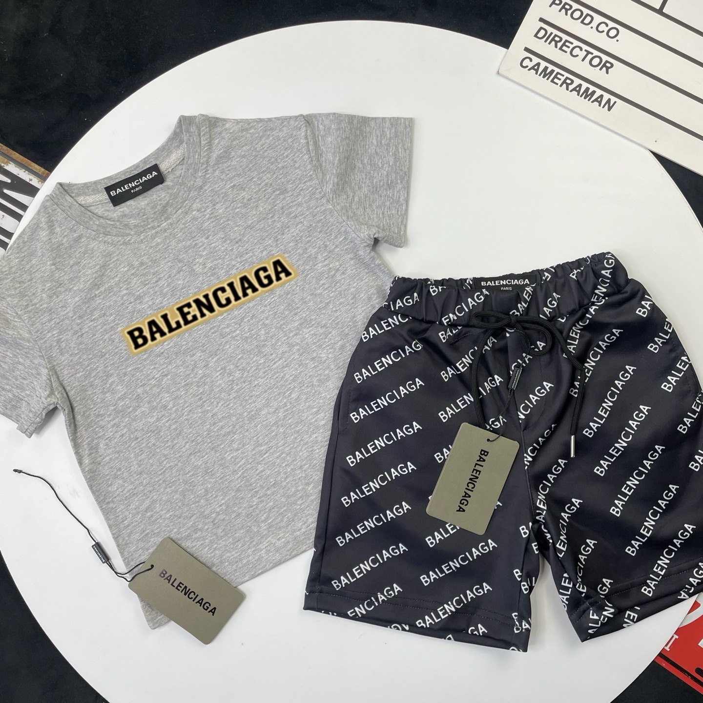 Balenciaga Unisex Kids Gray Gold Border Logo Short Sleeve T-Shirt & Black All Over Letter Print Casual Shorts 2 Piece Set Boys Girls Sizes 90-150