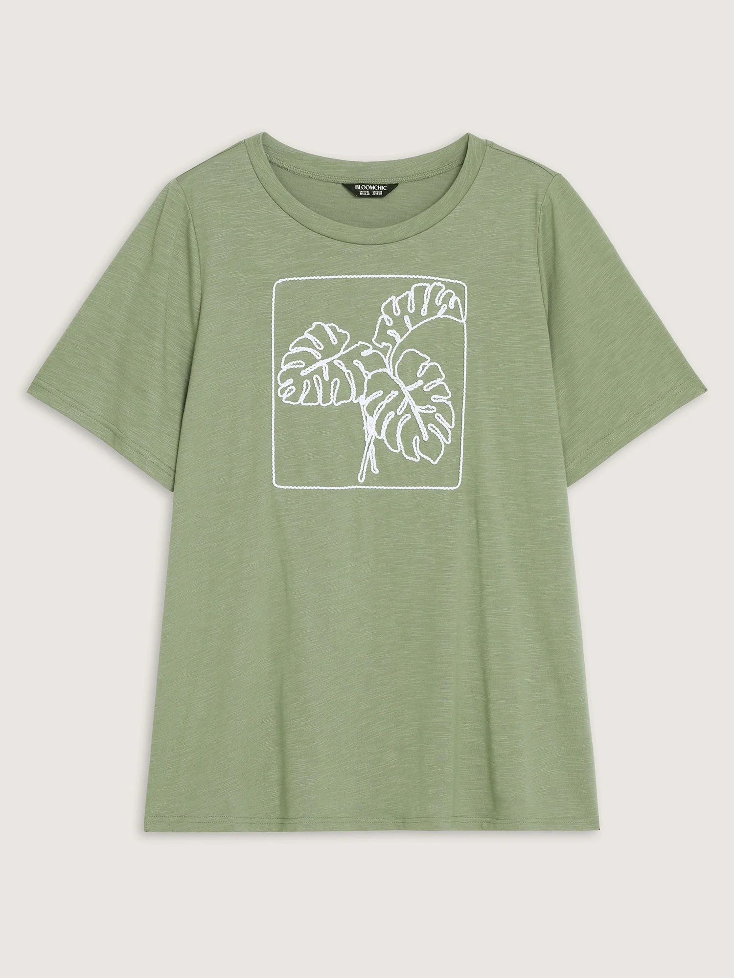 Embroidered Leaf Pattern Plain T-Shirt