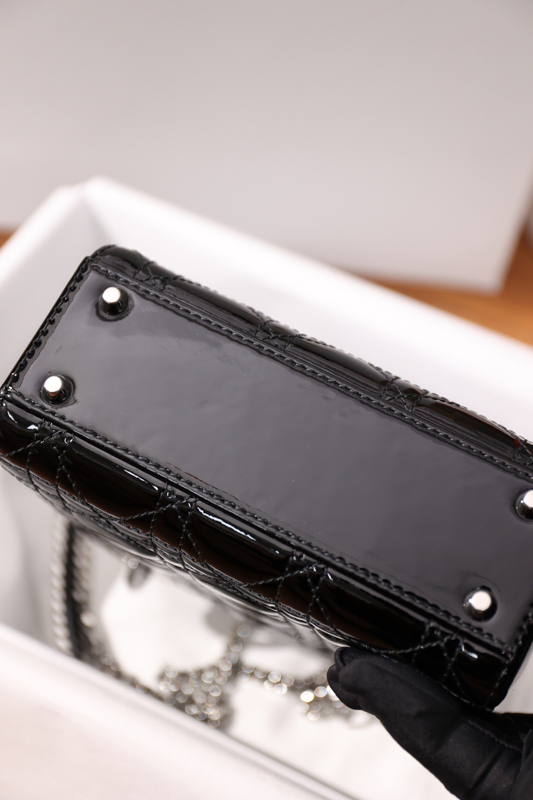 [TOP] Christian Dior Dior Lady Dior Bag Calfskin Patent 17x15x7cm - Black