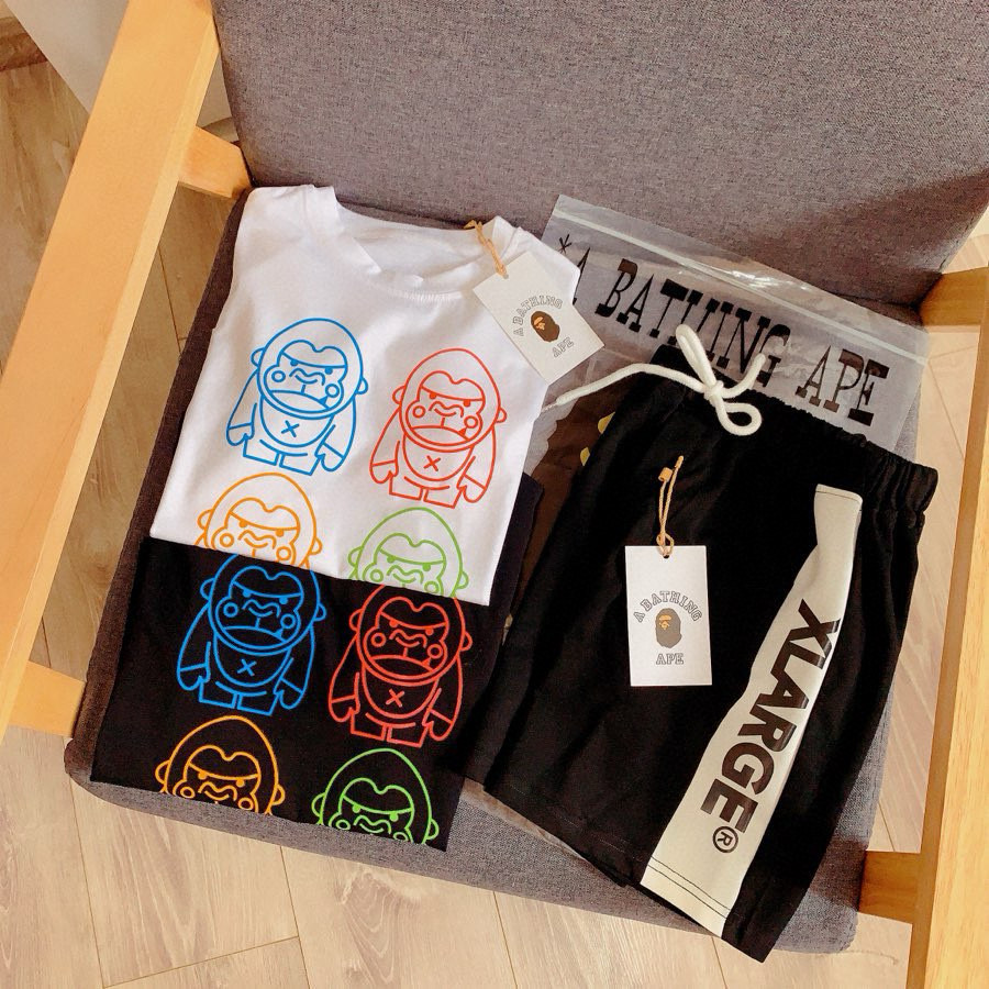 Bape X Xlarge Unisex Kids Black White Colorful Gorilla Print Short Sleeve T-Shirt & Side Logo Stripe Shorts Set Boys Girls Sizes 90-150,