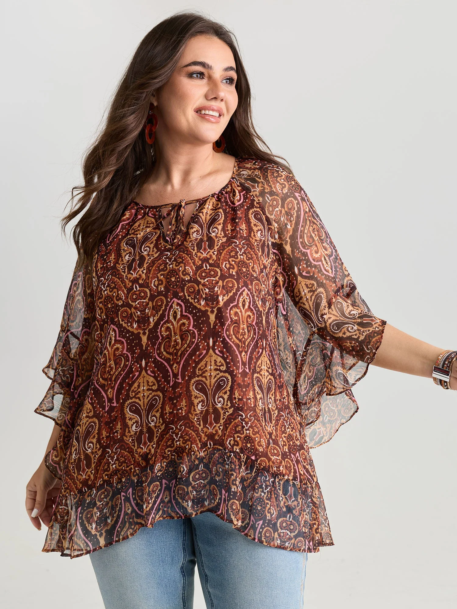 Boho Geometric Print Ruffled Sleeve Blouse