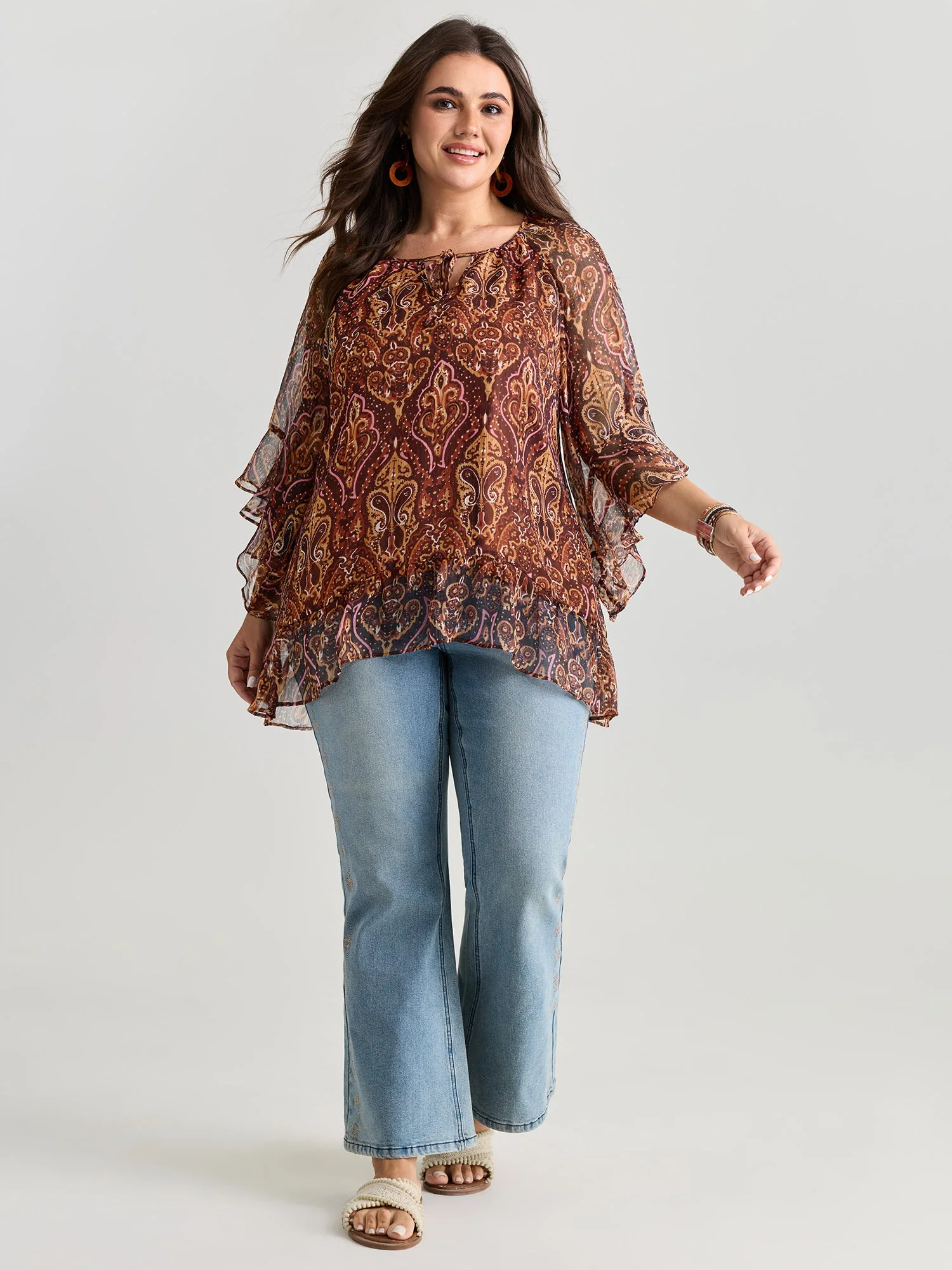 Boho Geometric Print Ruffled Sleeve Blouse