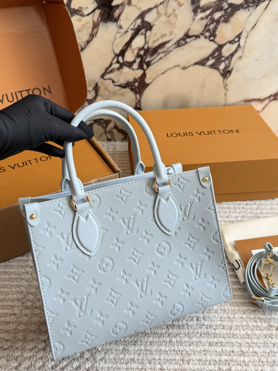 Louis Vuitton Onthego Tote Bag Light Blue Leather with Embossed Logo Pattern (Replica)