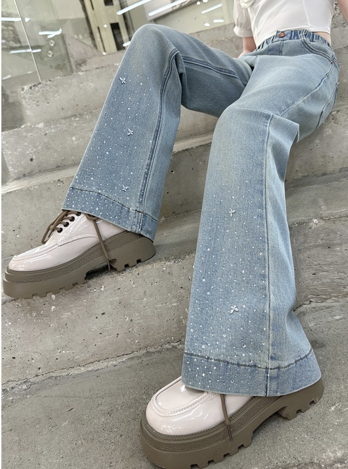 ALO Girls Butterfly Rhinestone Flare Denim Jeans High Waist Elastic Waist Kids Wide Leg Pants Sizes 120-180