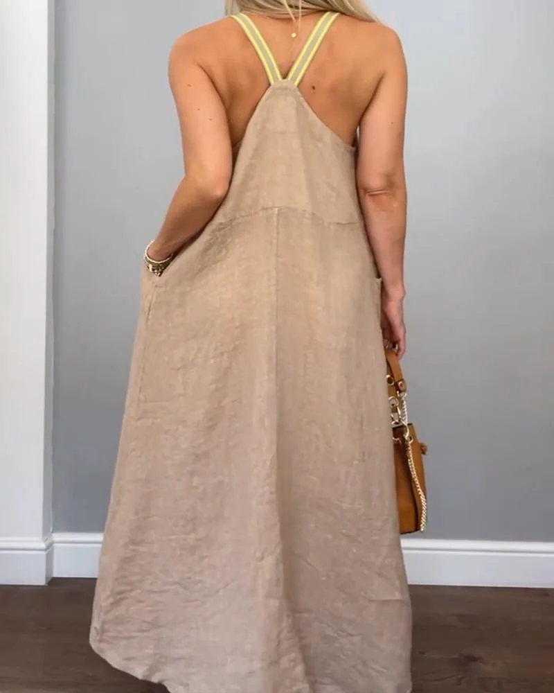 Women Solid Cotton and Linen Slip Dress