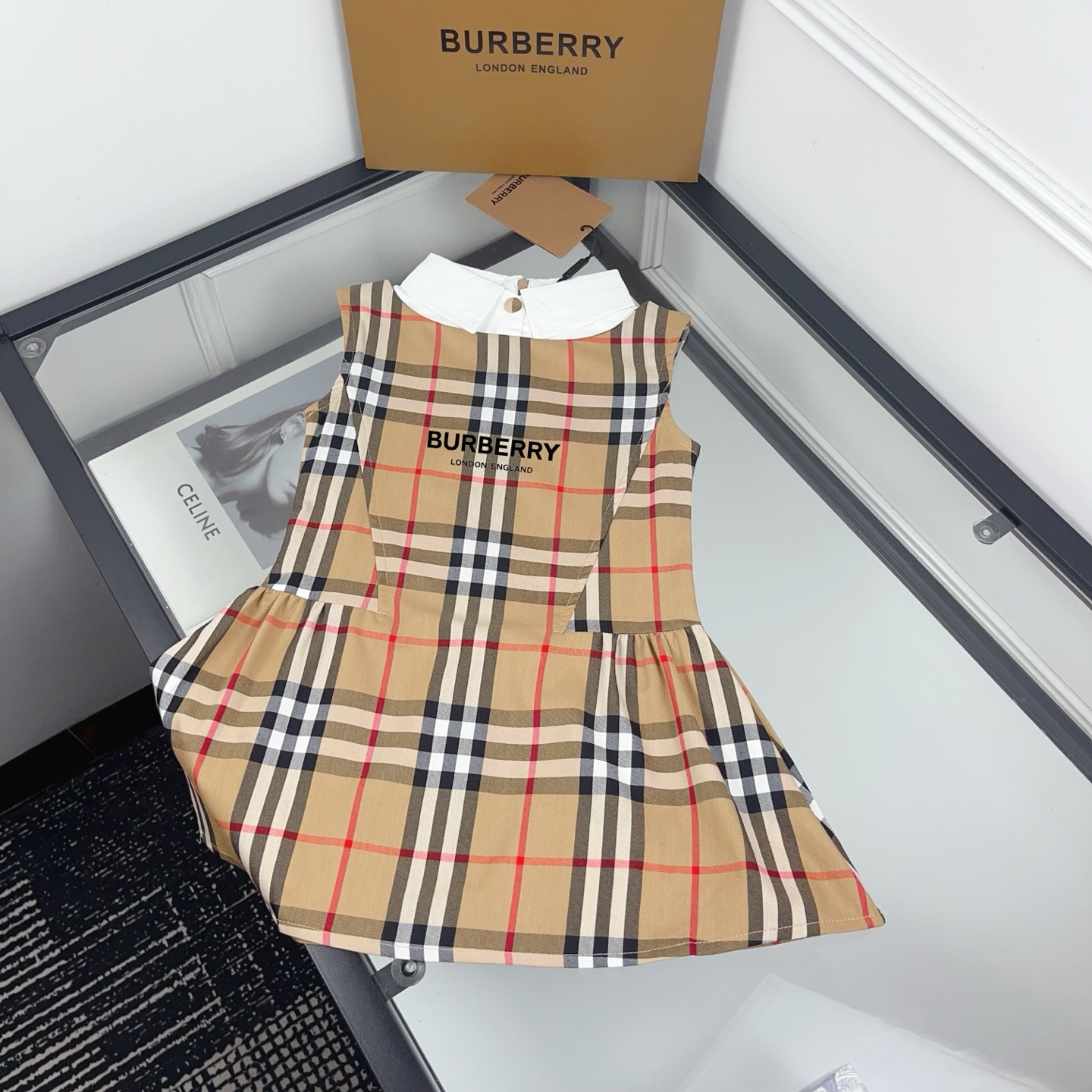 Burberry Girls Vintage Check Sleeveless Peter Pan Collar A-Line Cotton Pinafore Dress Kids Classic Plaid Dress Sizes 100-160