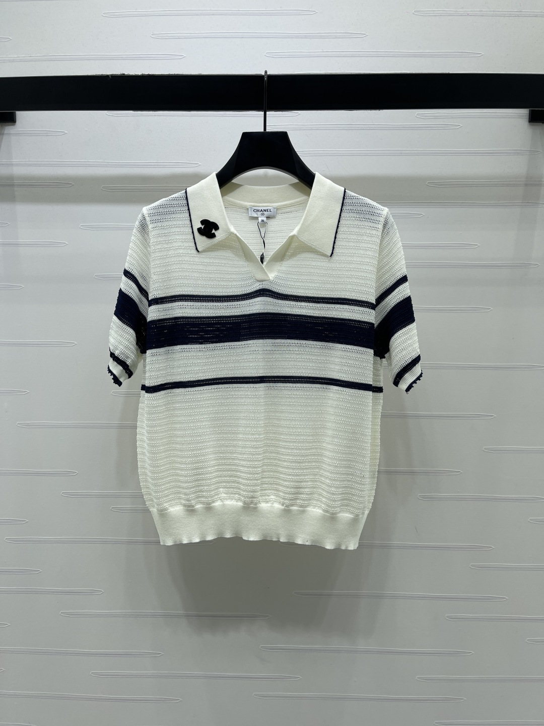 [TOP] CHANEL  Color-blocked Striped Collared Knit Short-sleeved T-shirt - White