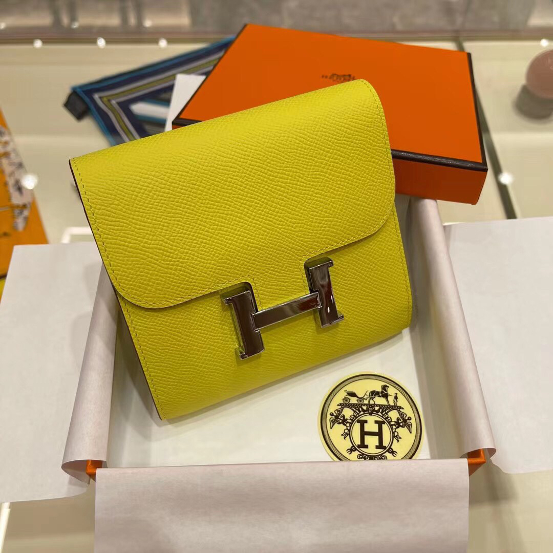 [TOP] HERMES Constance Short Wallet Epsom 13×12cm - Citron