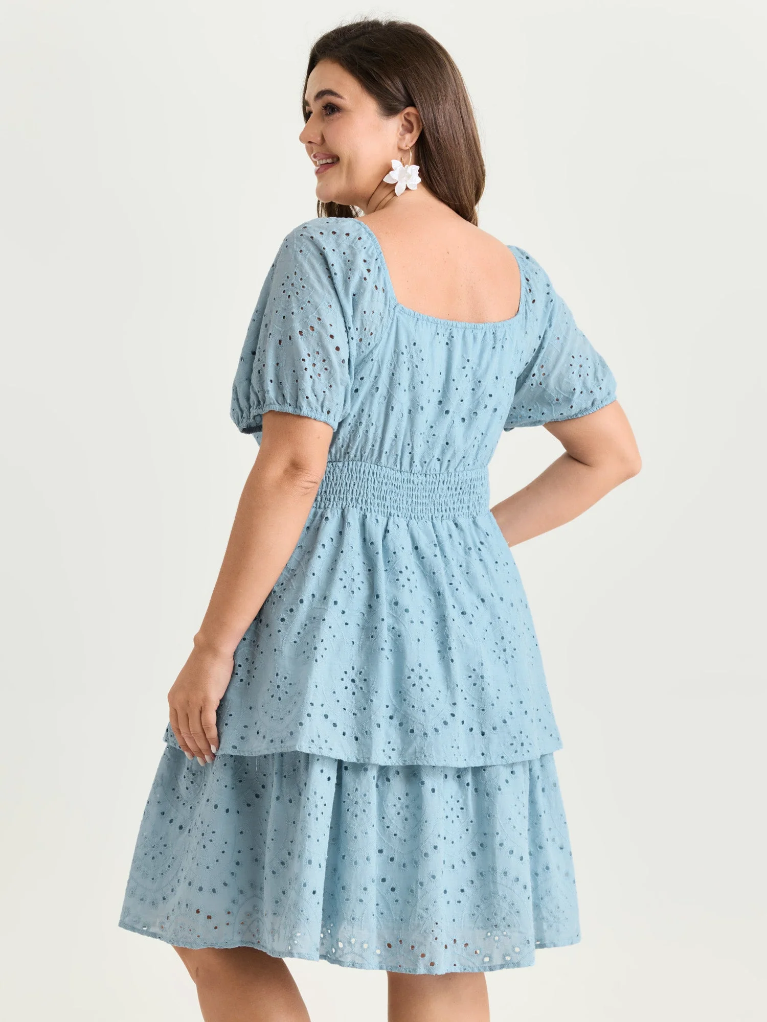 Eyelet Embroidered Cinched Waist Mini Dress