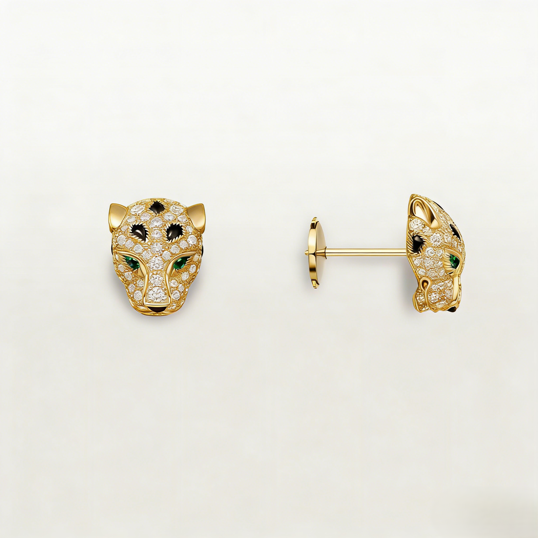 Carty Panther Motif Earrings,Yellow Gold, Paved Moissanite