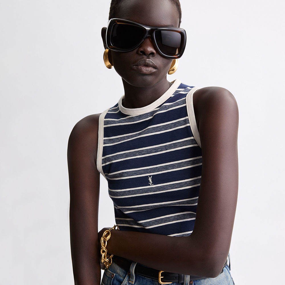 Saint Laurent CASSANDRE Tank Top in Striped Cotton Jersey in Blue #378586