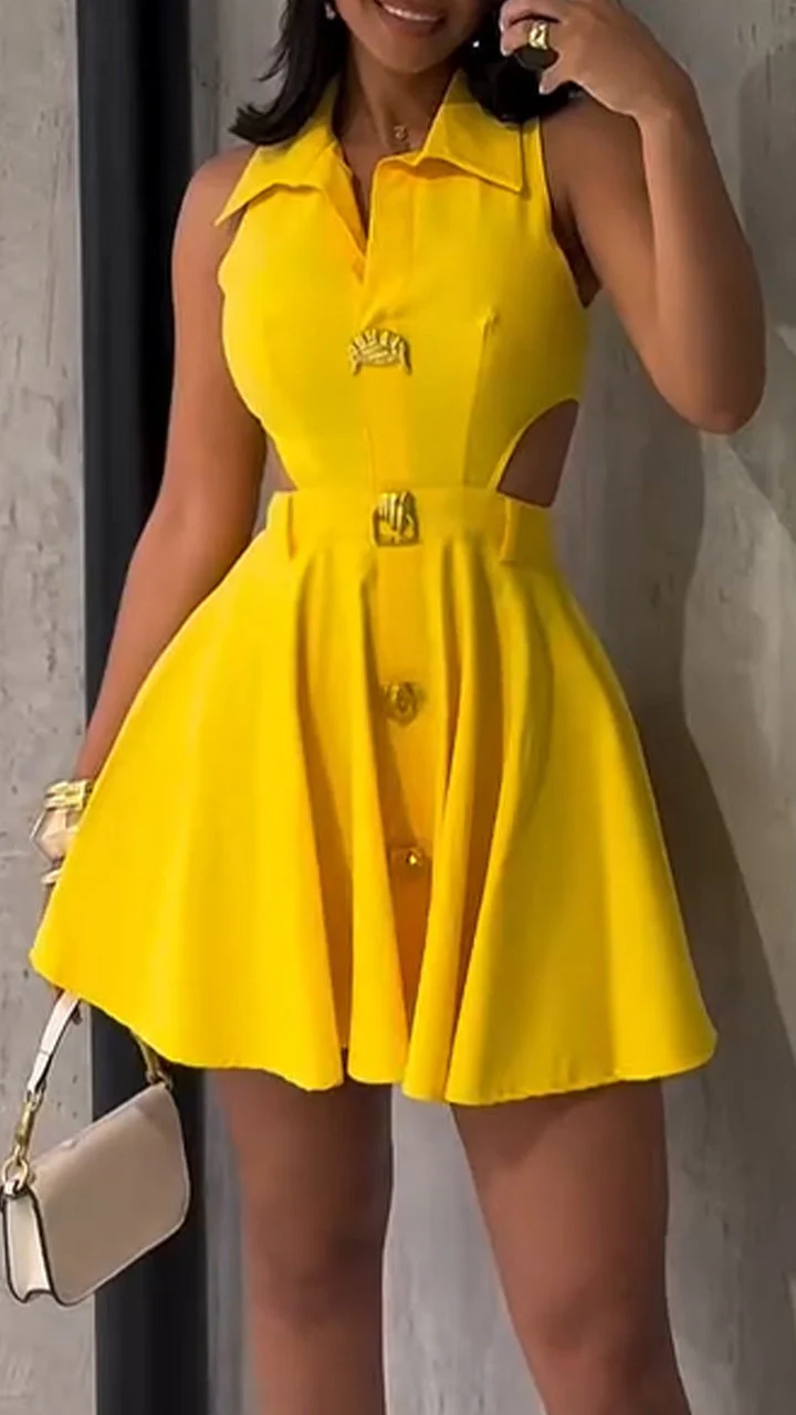 Women Collar Patchwork Hollow Casual Dress