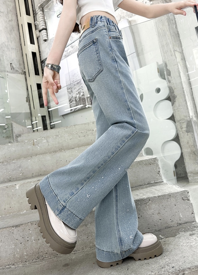 ALO Girls Butterfly Rhinestone Flare Denim Jeans High Waist Elastic Waist Kids Wide Leg Pants Sizes 120-180