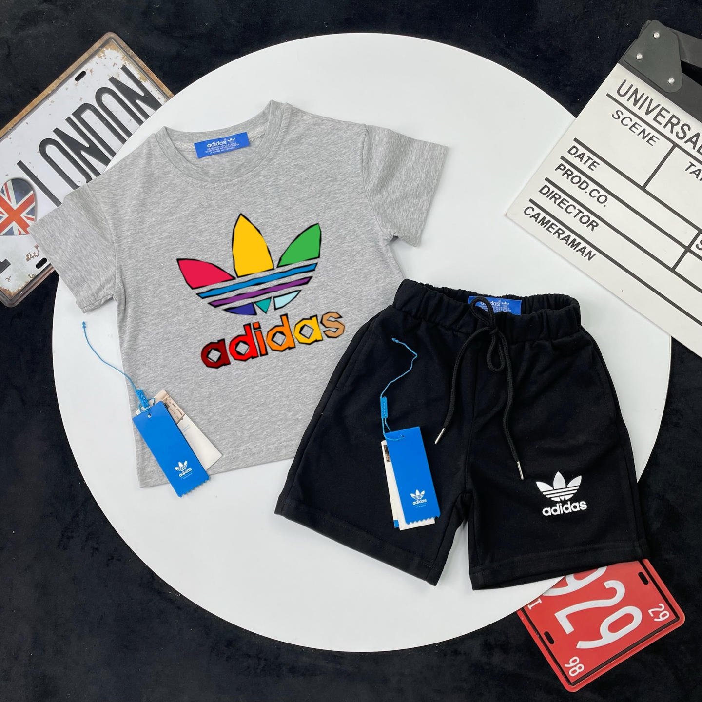 Adidas Kids 2Pcs Colorful Trefoil Graphic Tee & French Terry Shorts Matching Set For Boys Girls Full Original Tags Sizes 90-150