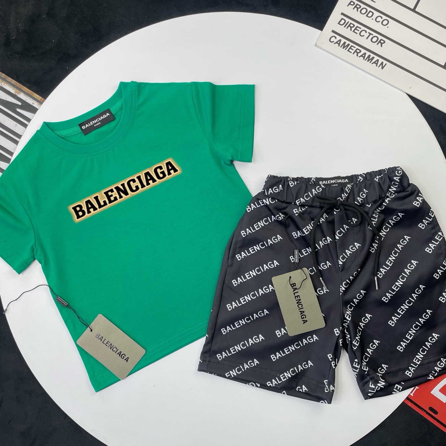 Balenciaga Unisex Kids Green Gold Border Logo Short Sleeve T-Shirt & Black All Over Letter Print Casual Shorts 2 Piece Set Boys Girls Sizes 90-150