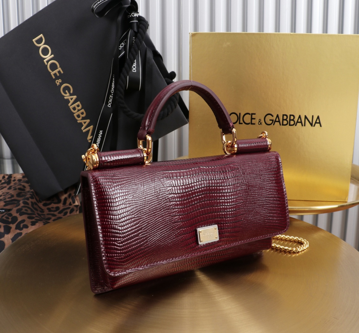 [TOP] Dolce & Gabbana D&G Bag Lizard-patterned Cowhide Bag 20x11x3cm - Claret - 711 Luxury