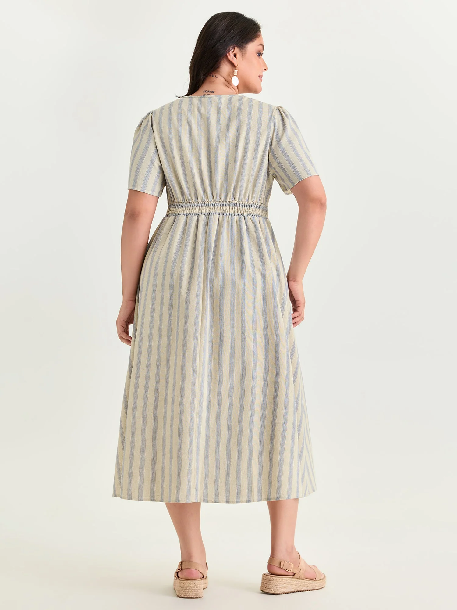 Monochrome Striped Print Split Neck Midi Dress