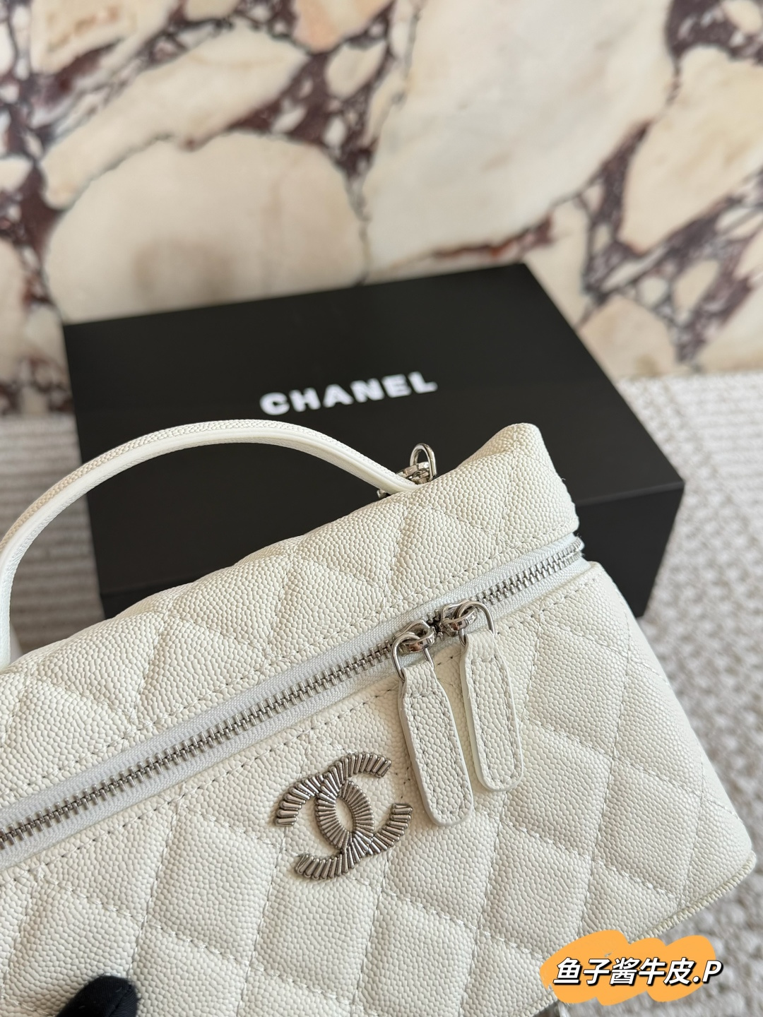 Chanel LP69 Cream Quilted Leather Handbag with Metal Logo and Chain Strap (Replica)