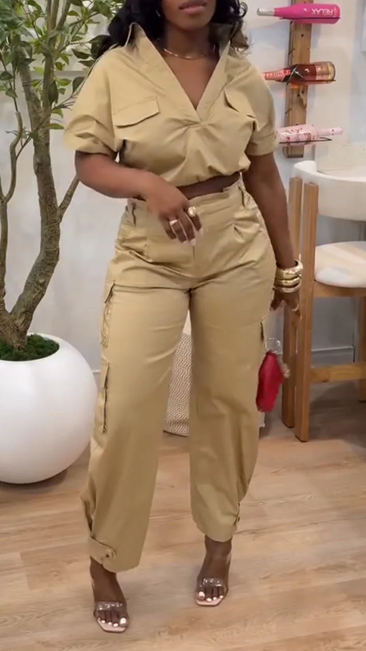 Womens V-neck Short Sleeved Top + Pants Solid Color Casual Suit