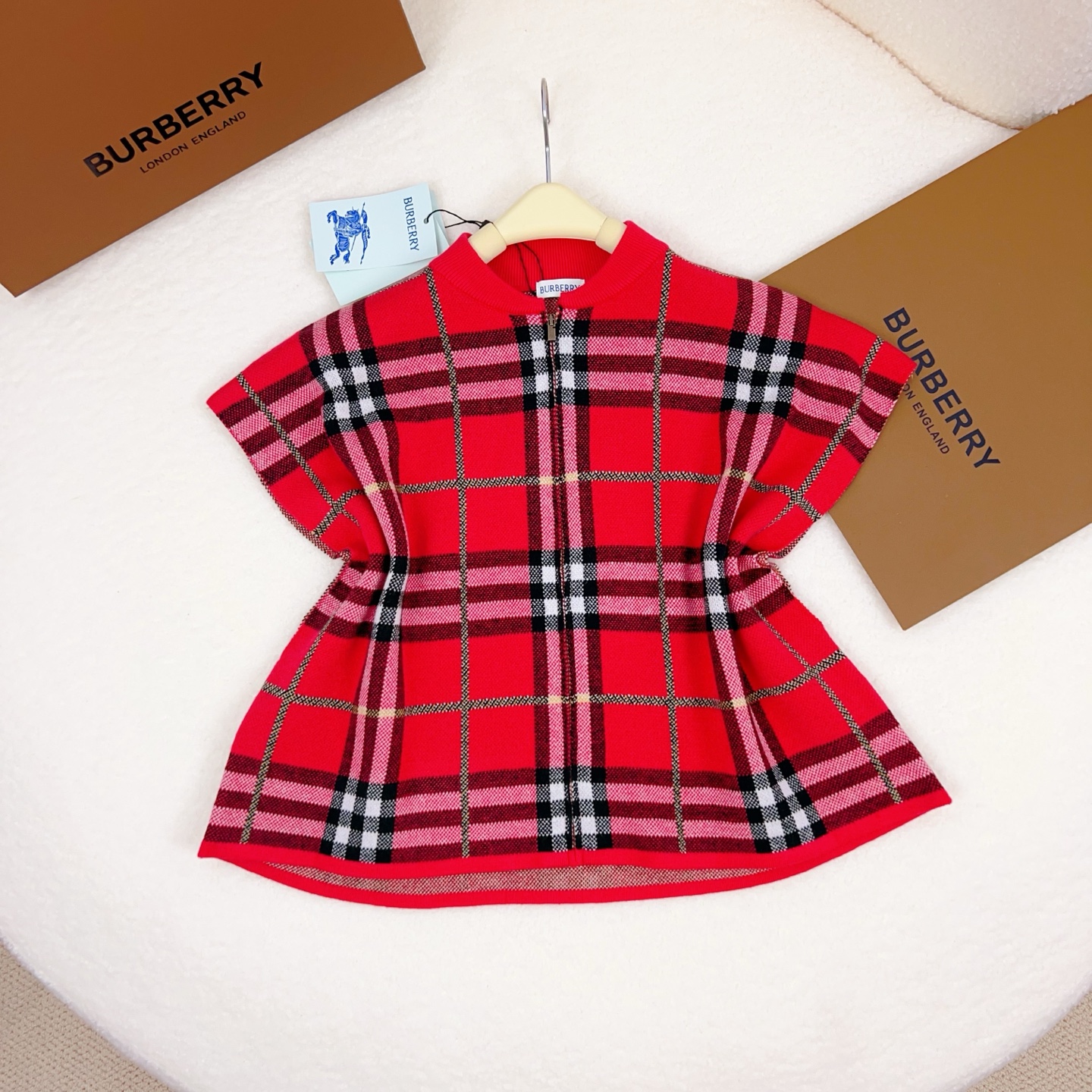 Burberry Girls Boys Red Vintage Check Knit Zip Cape Poncho Kids Cashmere Cotton Blend Holiday Cloak Sizes 90-170