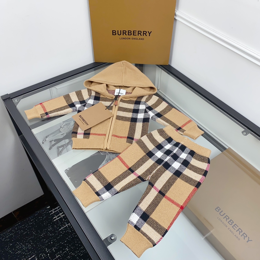 Burberry Unisex Baby Kids Vintage Check Hooded Zip Knit Cardigan & Knit Jogger Pants Two Piece Set Boys Girls Sizes 80-120