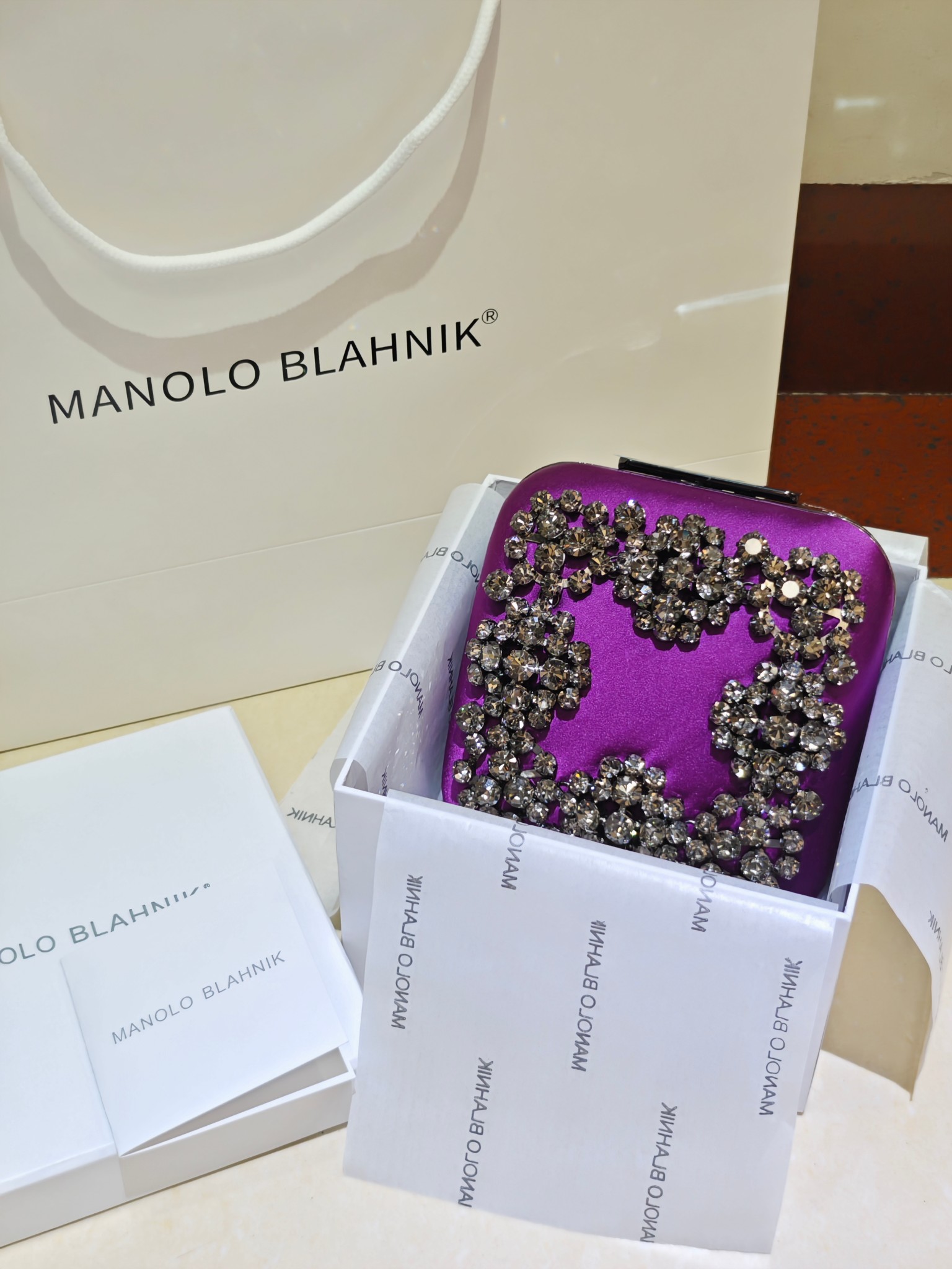 [TOP] MANOLO BLAHNIK Lace-patterned Square Bag 15.8*17*7.3cm - Purple - 711 Luxury