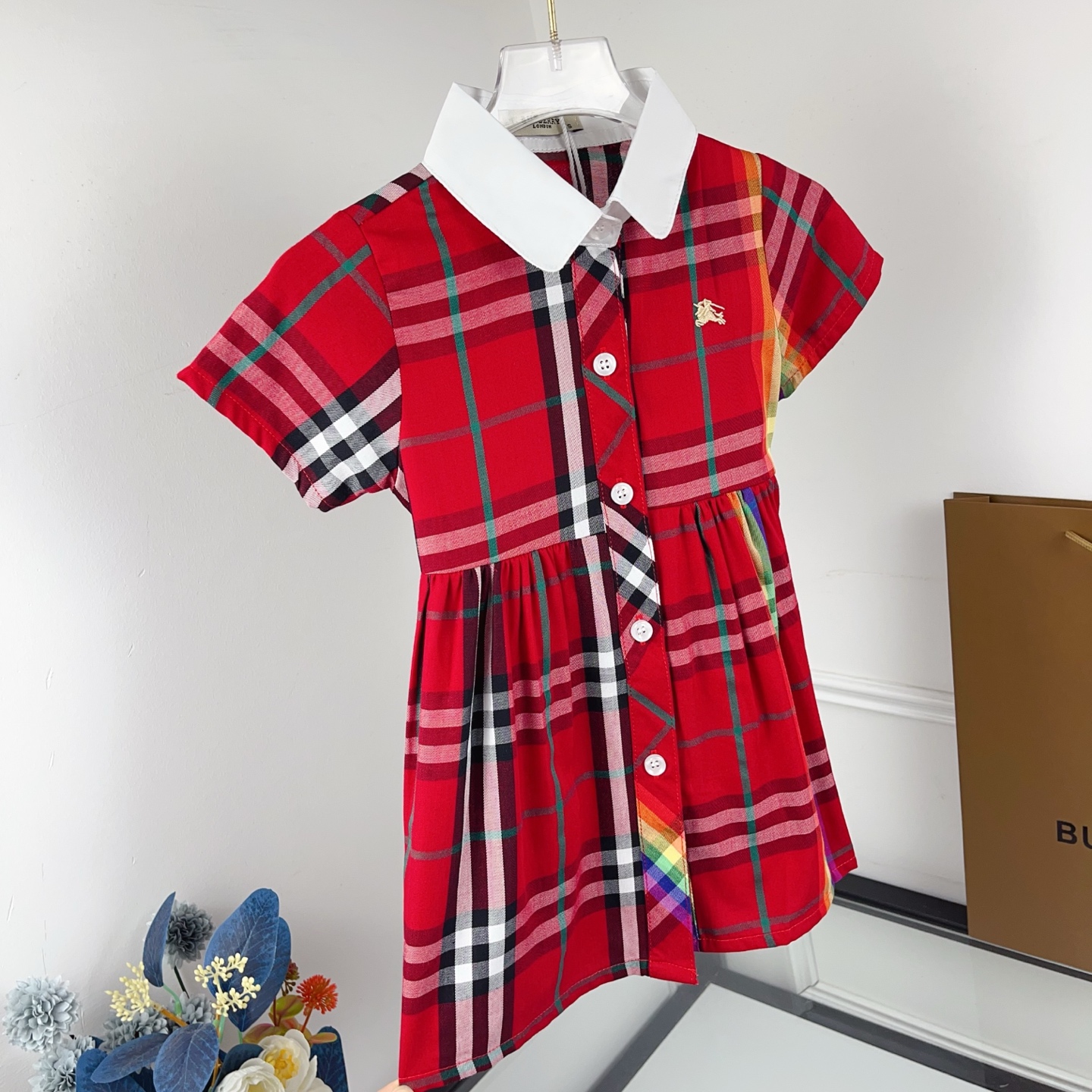 Burberry Girls Red Vintage Check Rainbow Stripe White Collar Button Front Short Sleeve Shirt Dress Kids Sizes 90-130