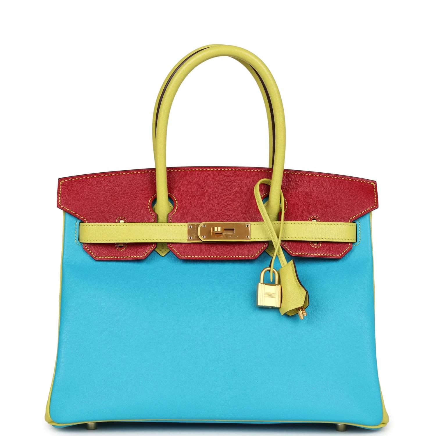 Hermes Special Order (HSS) Tri-color BirkinBleu Aztec, Soufre and Rouge Vif Chevre Brushed Gold Hardware