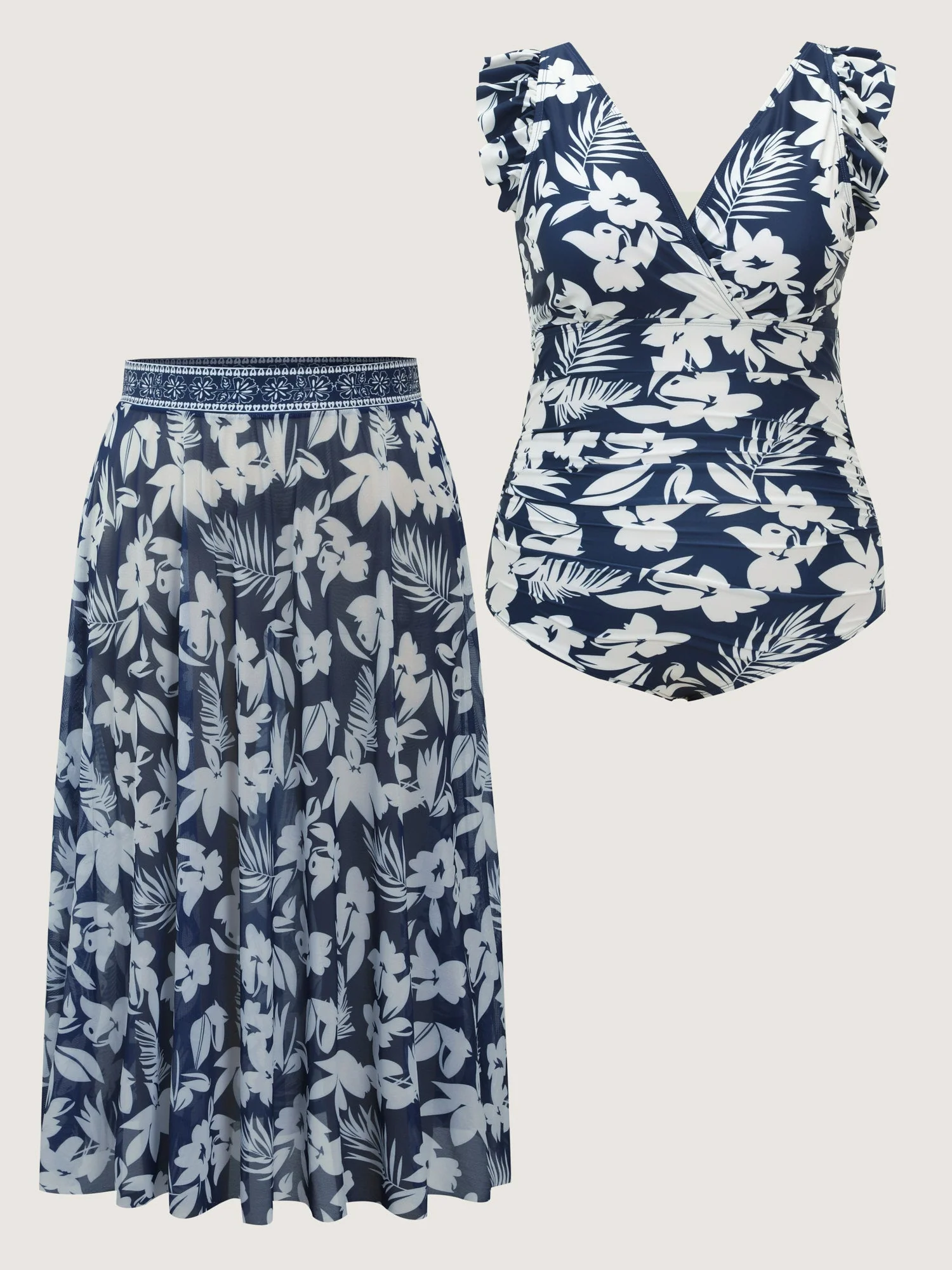 Sarong Set Tropical Print One-Piece Swim