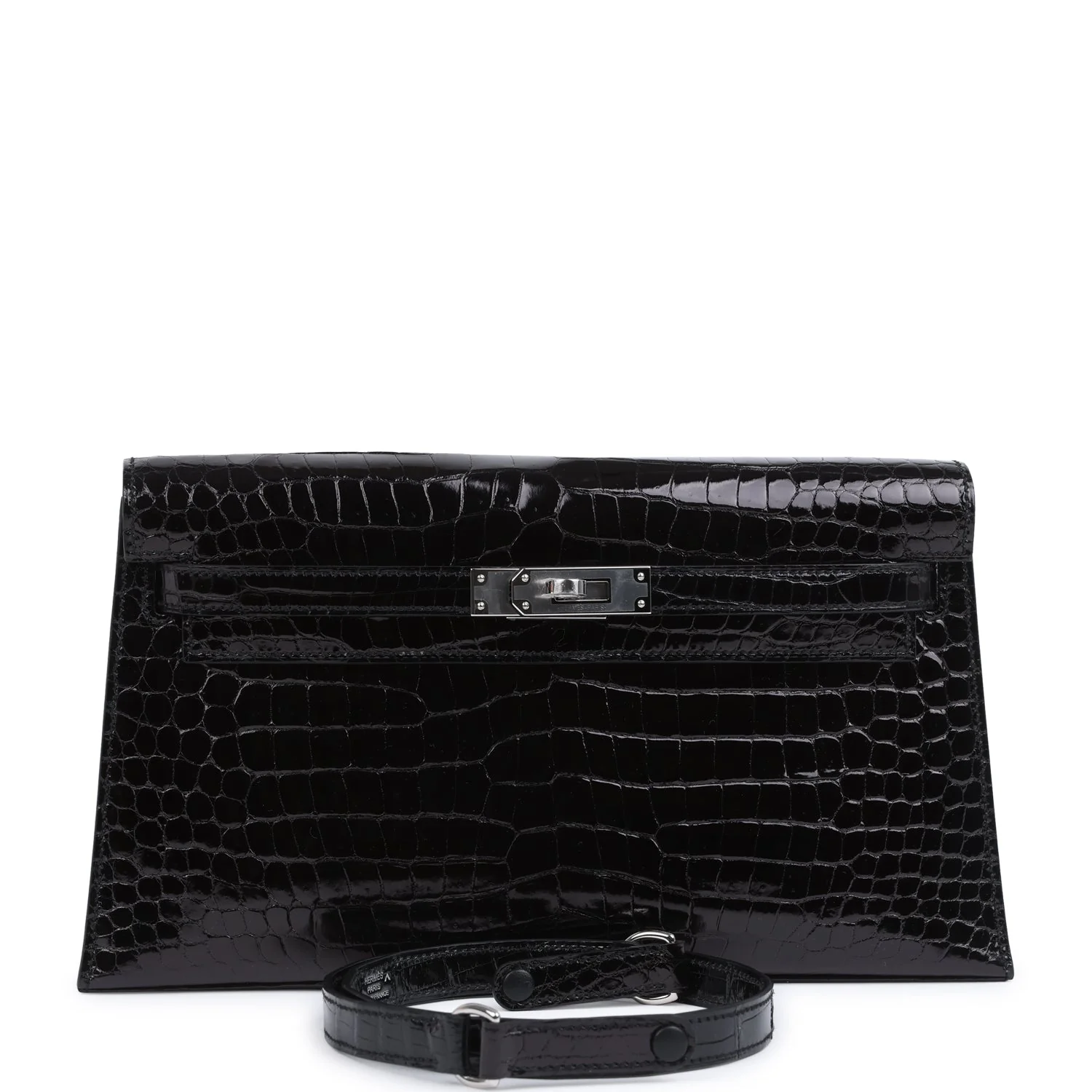 Hermes Kelly Elan Black Shiny Porosus Crocodile Palladium Hardware