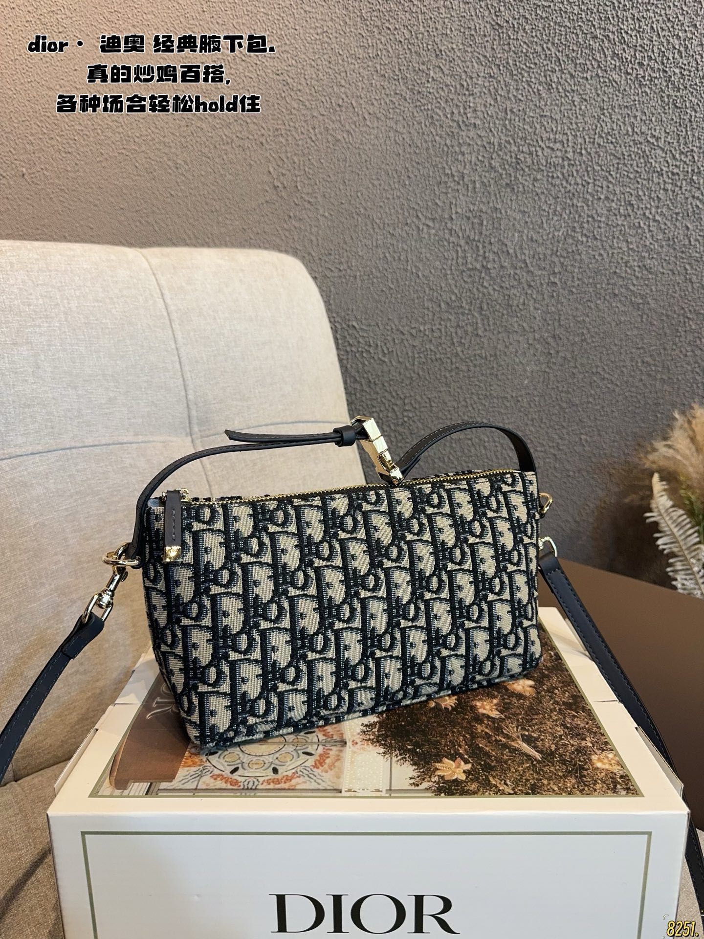 Dior Canvas Underarm Bag with Zipper Closure and Detachable Strap (Replica)