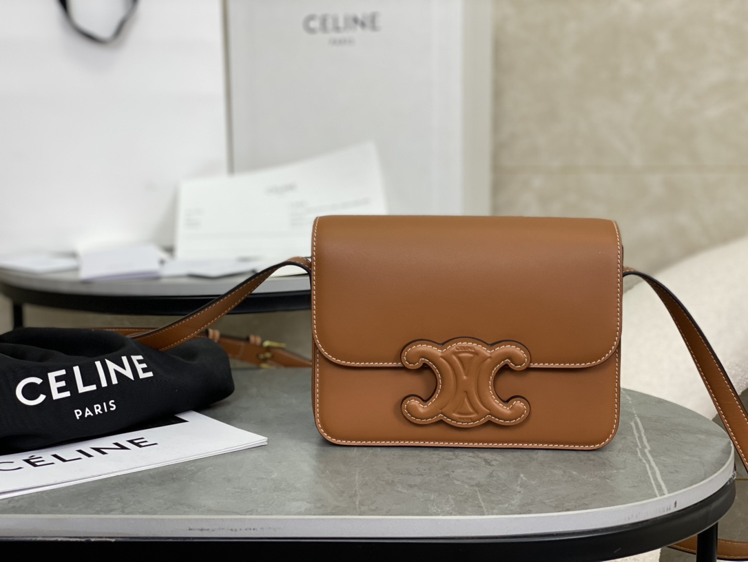 [TOP] CELINE Triomphe Bag Box Leather 18.5x14x6cm - Brown - 711 Luxury