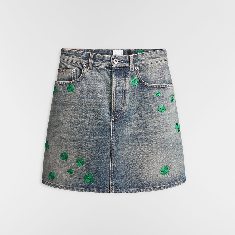 DIOR Embroidered Miniskirt Blue Stonewashed Cotton Denim with Green Dior Clover Motif #375965