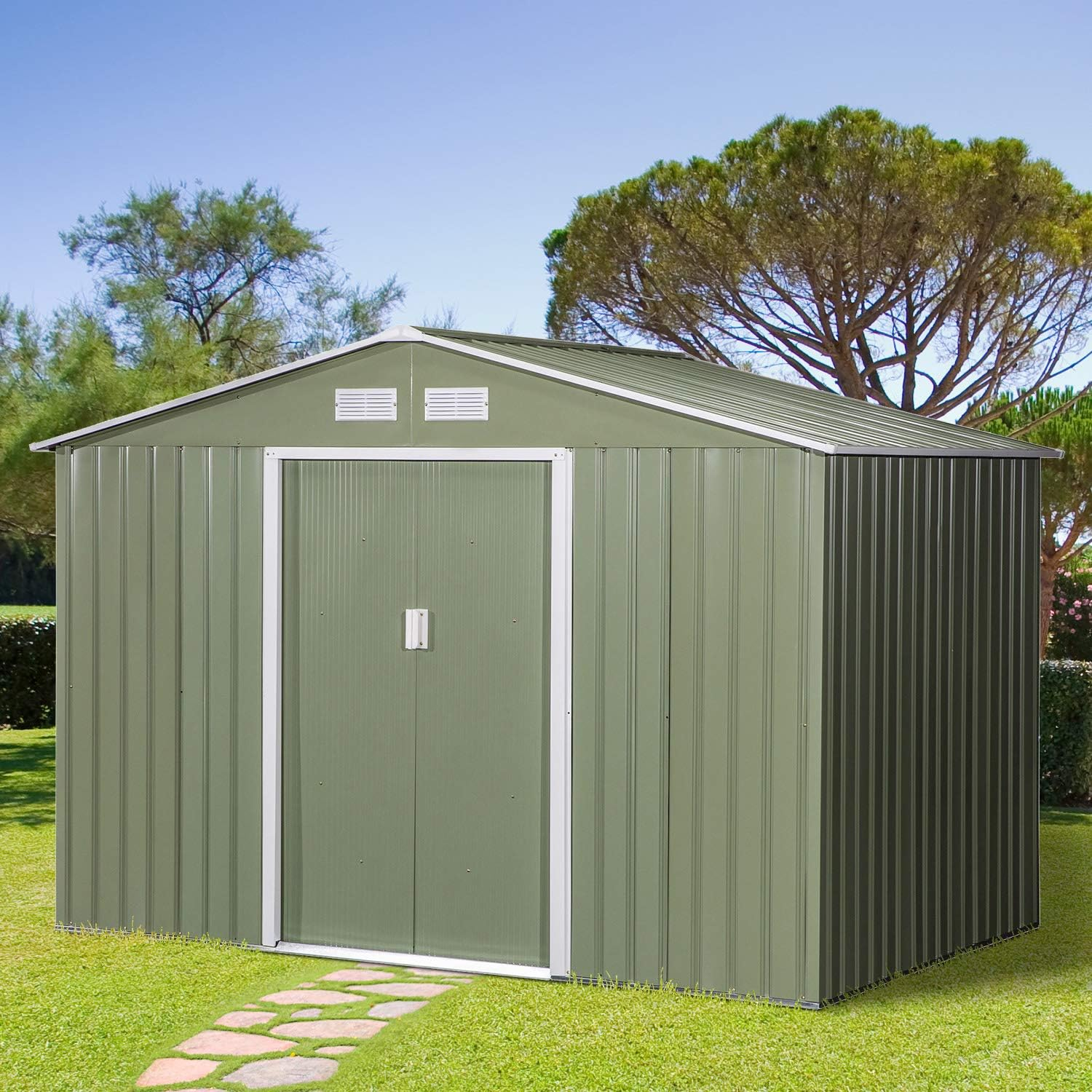 Outsunny 9 x 6ft Garden Metal Storage Shed, Outdoor Storage Tool House with Ventilation Slots, Floor Foundation and Lockable Double Doors