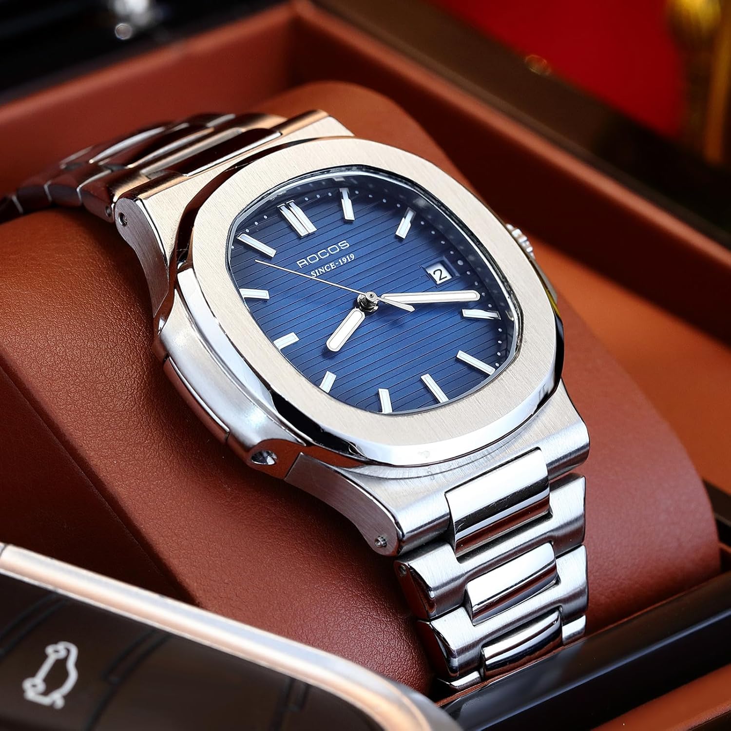 ROCOSJEWE Classic Luxury Blue Dress Watch Men's Automatic Mechanical Watch Wristwatch Water-Resistant Date Display Luminous Dial Stainless Steel Bracelet Gift for Men R0139