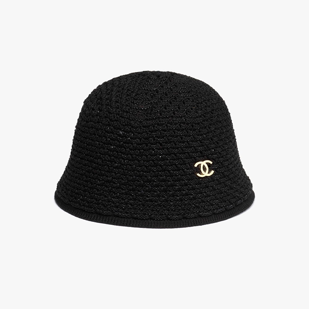 Chanel black Hat CHANEL Cloche Hat Cotton Mixed Fibers Metal Black White Gold #387336 View 2 | Nigo Office