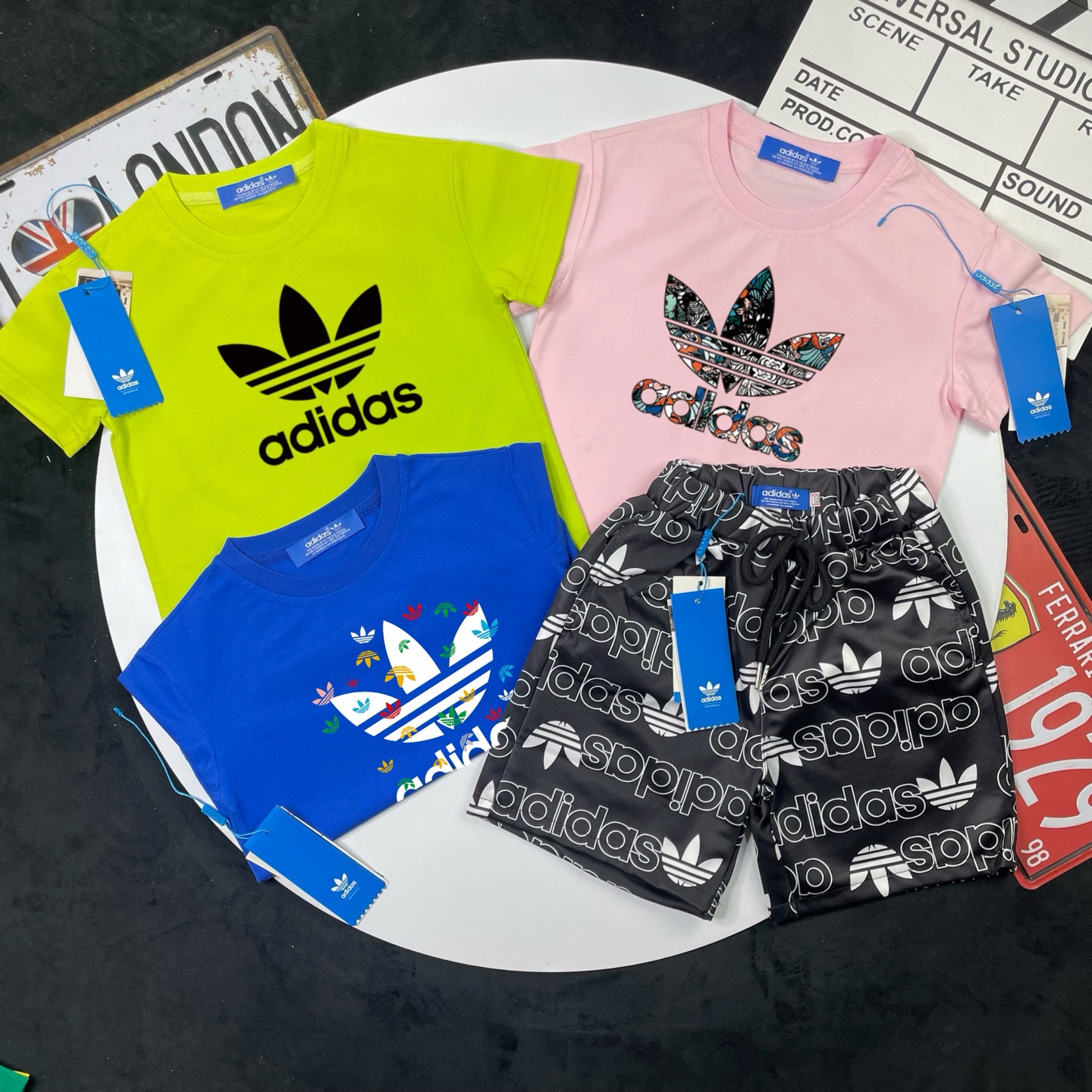 Adidas Kids 2Pcs Colorful Trefoil Graphic Tee & All Over Logo Print Shorts Set For Boys Girls Full Original Tags Sizes 90-150