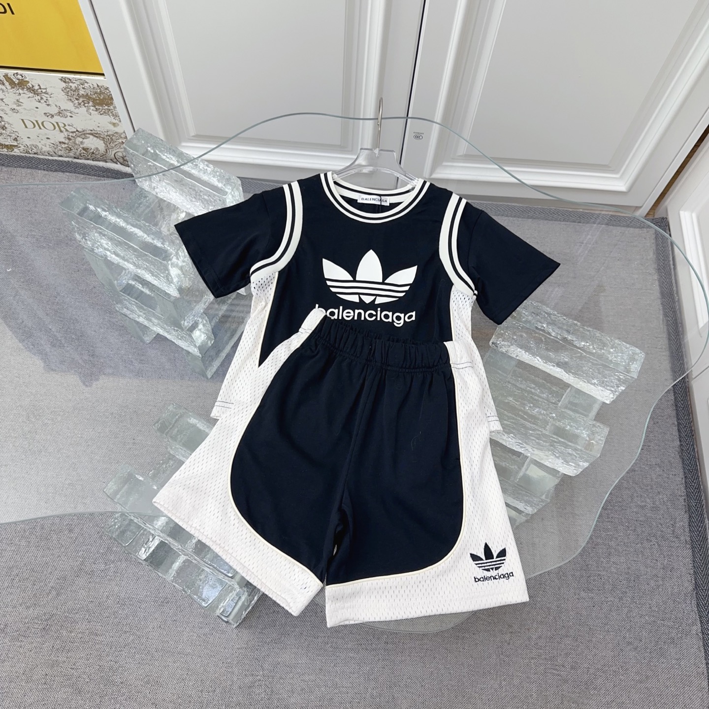 Balenciaga X Adidas Unisex Kids Color Block Mesh Splicing 3 Stripes 2 Piece Tracksuit Embroidered Logo Sport Set Boys Girls Sizes 100-160