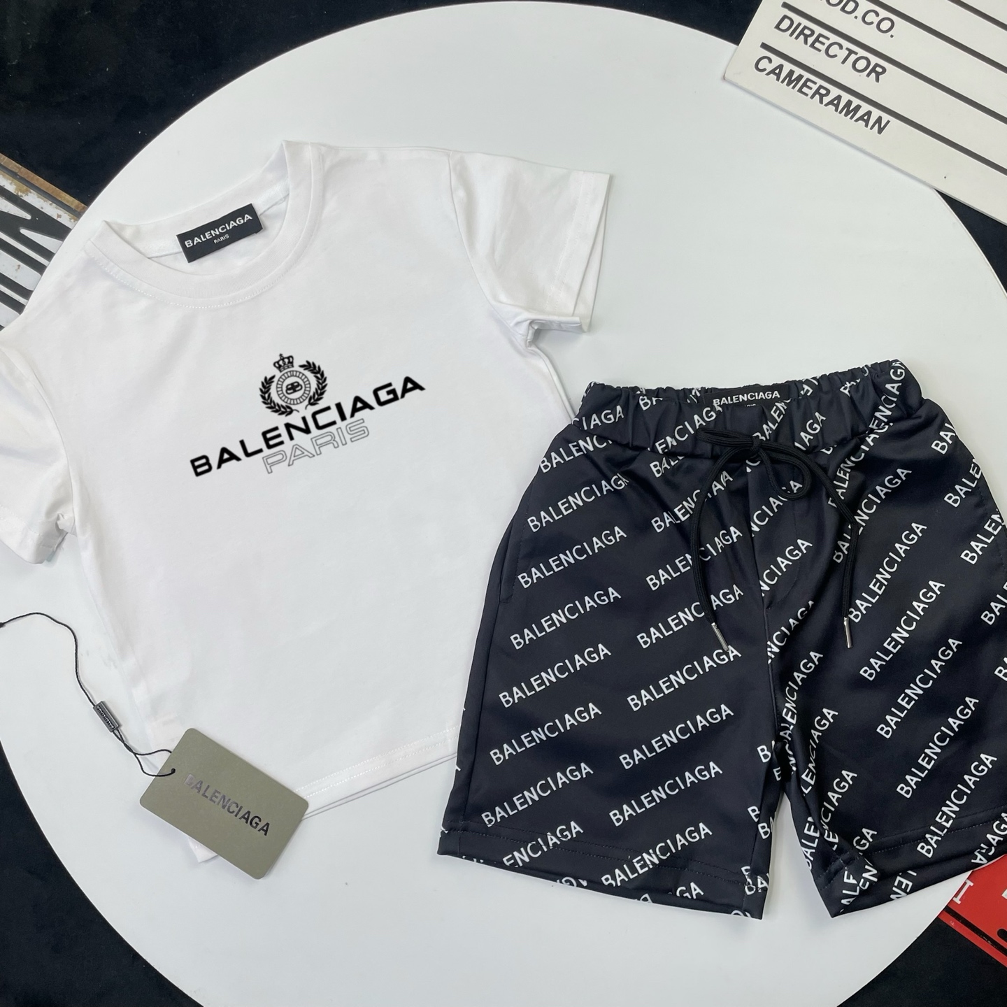 Balenciaga Unisex Kids White Crown Wreath Paris Logo Short Sleeve T-Shirt & Black All Over Letter Print Casual Shorts 2 Piece Set Boys Girls Sizes 90-150