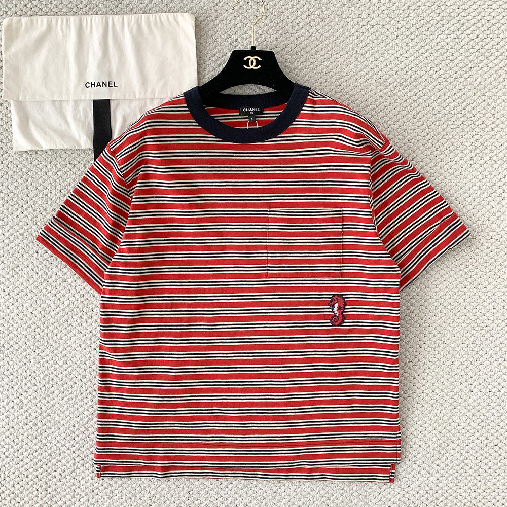 Chanel Seahorse Embroidery Striped Knitted T-shirt #384775