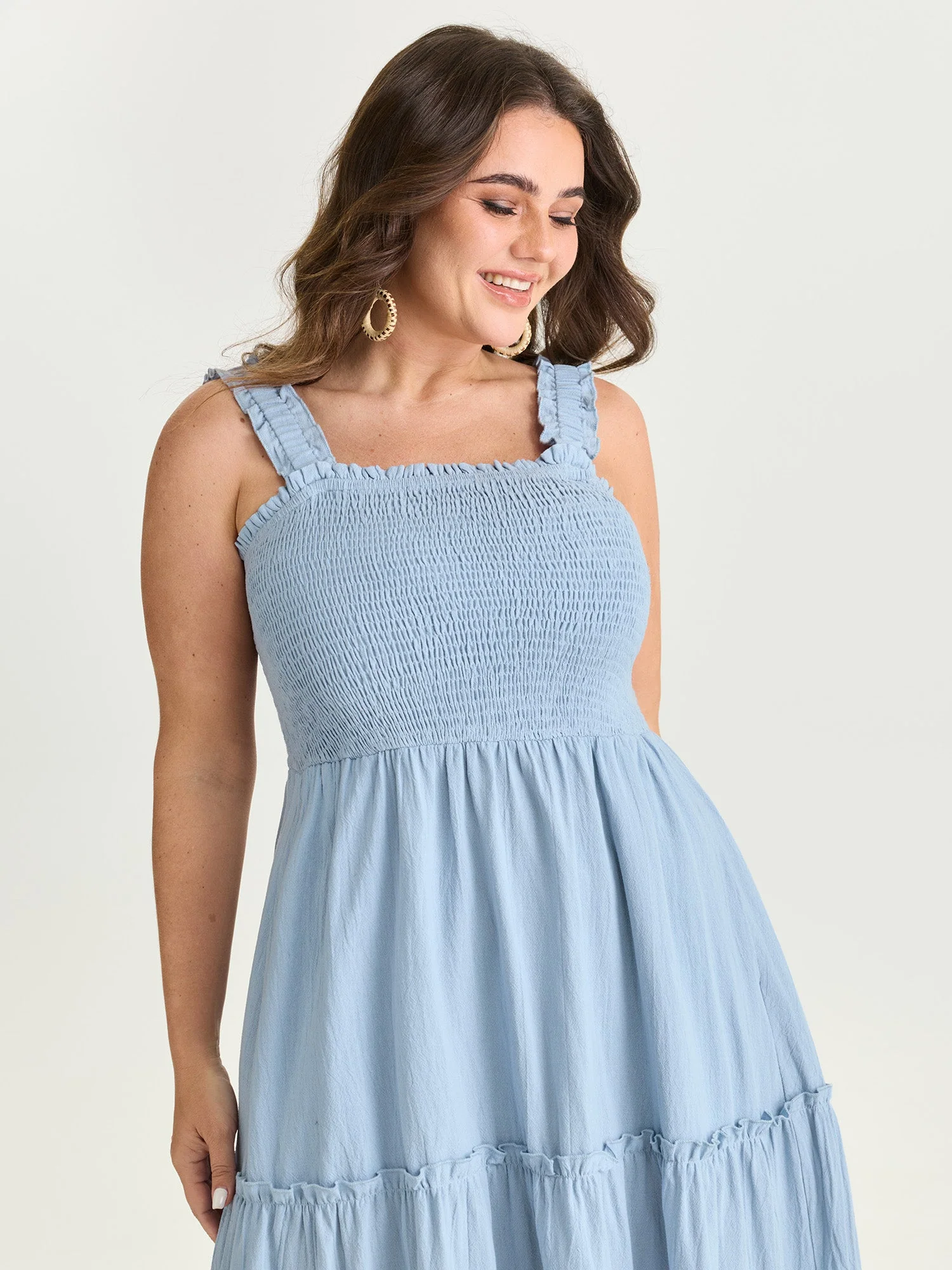 Cotton Shirred Bodice Ruffled Straps Plain Maxi Dress