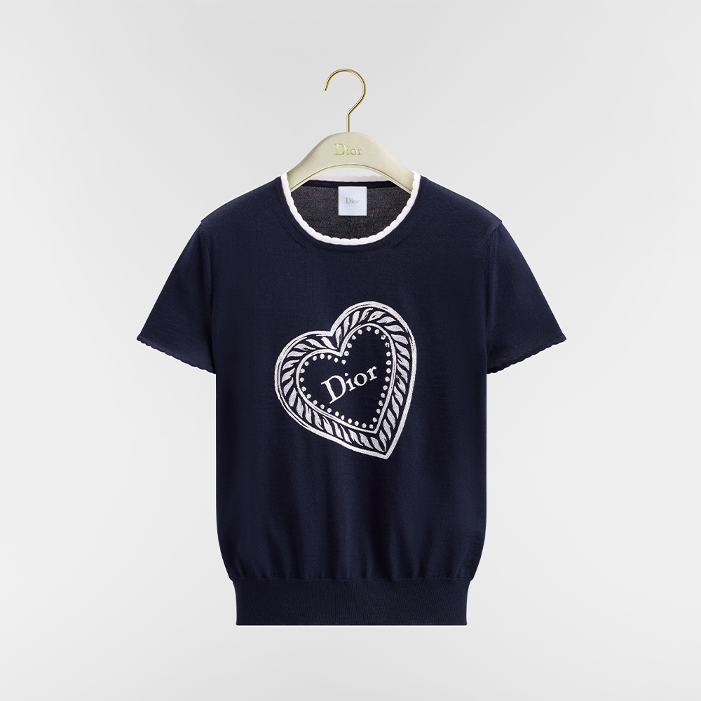 Dior white Clothing DIOR Dior Qixi Short-Sleeved Sweater Navy Blue Virgin Wool Jersey with White Dior Heart Locket Motif #393