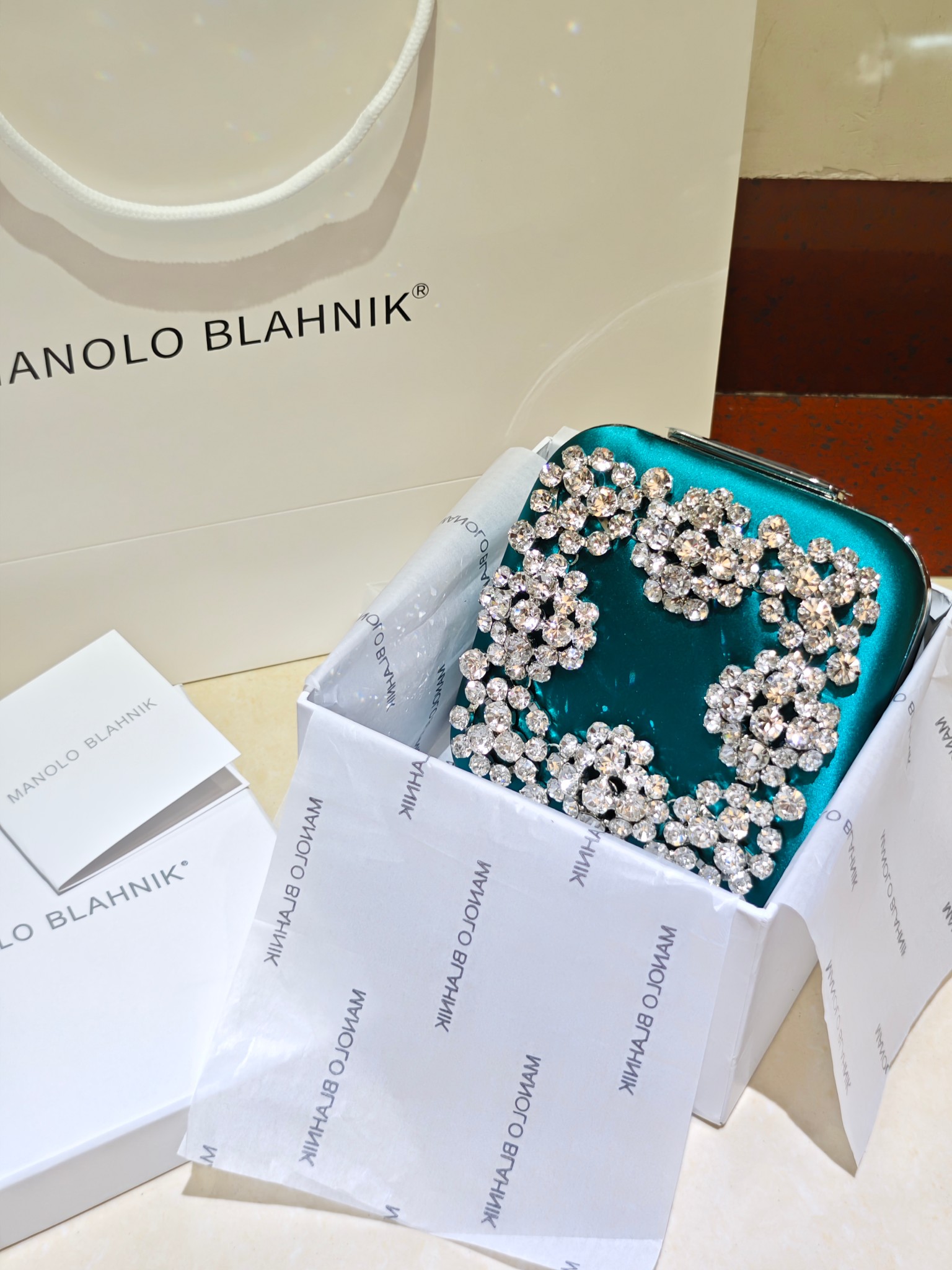 [TOP] MANOLO BLAHNIK Lace-patterned Square Bag 15.8*17*7.3cm - Green - 711 Luxury